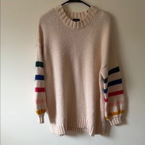 torrid Cream Crewneck Sweater with Multicolor Striped Sleeves